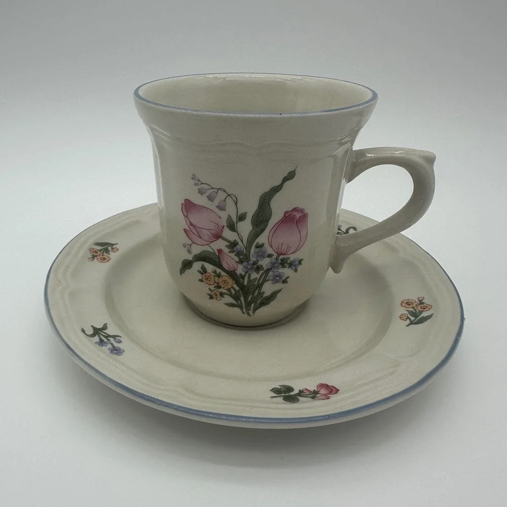 Gibson Tivoli Lafayette Cup and Saucer Set Floral Stoneware Pink Tulip 8pc